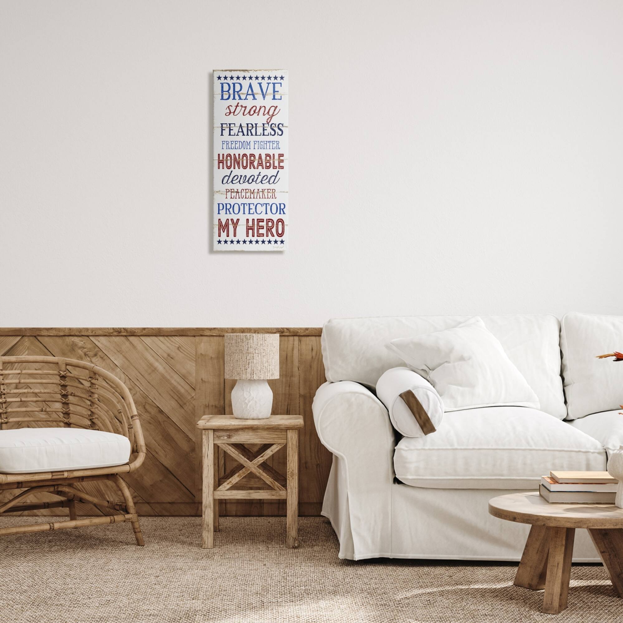 Stupell Industries Brave Strong Fearless Patriotic Stars and Stripes Rustic Wood Look Sign Canvas Wall Art